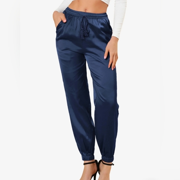 Allegra K Drawstring Elastic Waist Athleisure Pants Satin Joggers XS - Picture 2 of 6